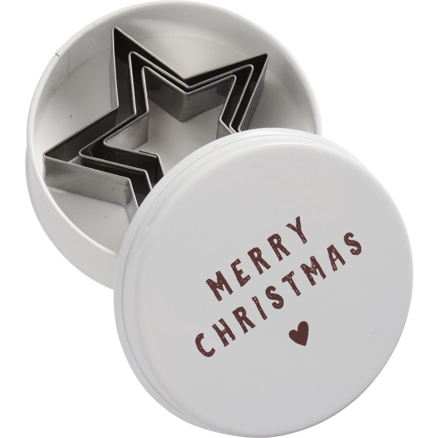 Canister w/3 star cookie cutters, Merry Christmas on lid